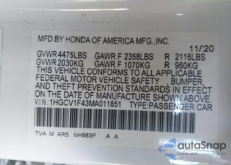 2021 Honda Accord Sport Special Edition from USA, damaged, VIN 1HGCV1F43MA011851